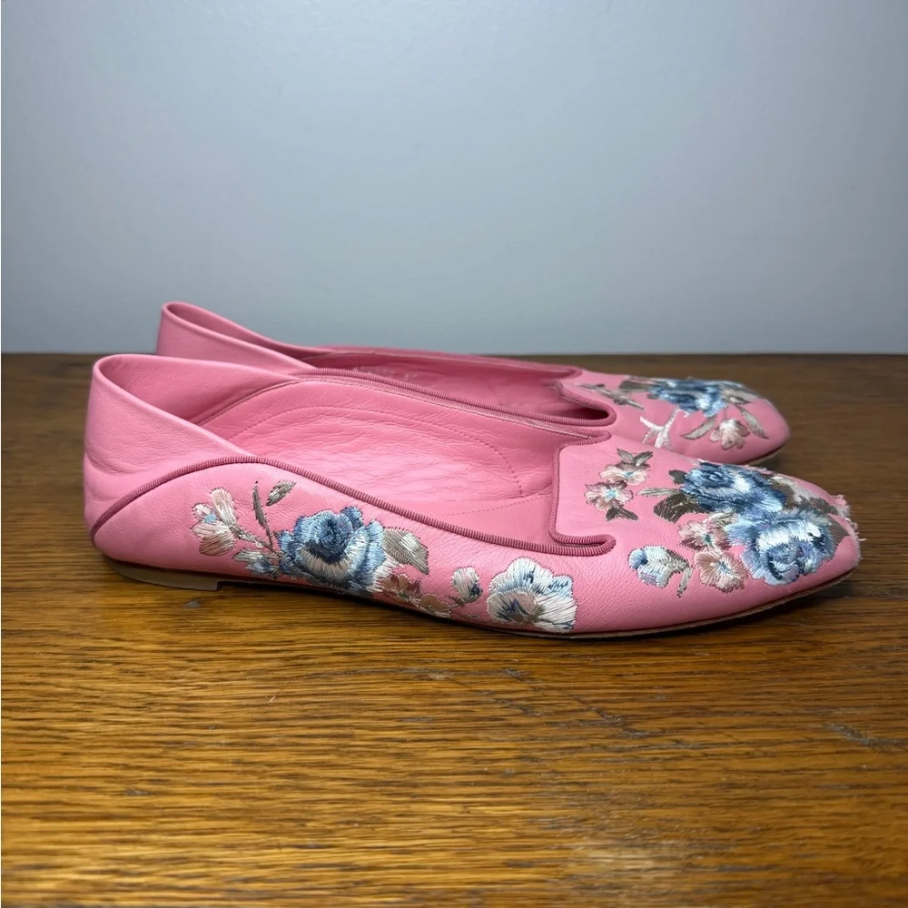 Alexander Mcqueen Size 37 • Pink Embroidered Ballet Loafer Flats Leather.